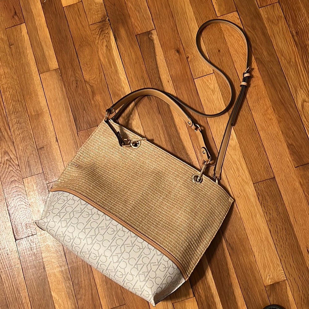 Calvin Klein Beige Straw Tote with Ivory CK Logo Panel - Picture 8 of 10